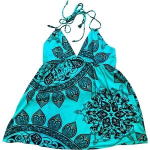 Nieves Lavi Silk Turquoise Geo Printβ Triangle Halter Swing Top Shirt Small